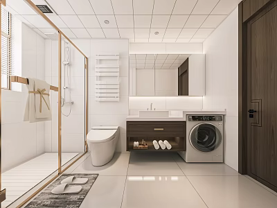 Modern Bathroom Interior With White Tiles Glass Shower Vanity And Washing Machine 3d model
