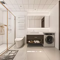 Modern Bathroom Interior With White Tiles Glass Shower Vanity And Washing Machine