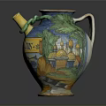 Colorful Decorative Pitcher with Blue Yellow Body BIATTIS Lettering and Figure Patterns