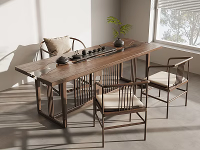Modern Chinese Wooden Tea Table and Chairs Set with Teaware and Natural Light 3d model