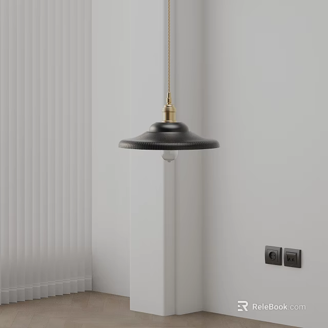 Minimalist Black Shade Pendant Light With Brass Fitting And Clear Bulb Against White Wall With Blinds 3d model 