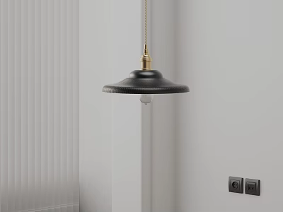 Minimalist Black Shade Pendant Light With Brass Fitting And Clear Bulb Against White Wall With Blinds 3d model