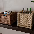 Stylish Wicker Storage Baskets On Dark Shelf With Books Wine Bottles And Green Plant