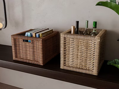 Stylish Wicker Storage Baskets On Dark Shelf With Books Wine Bottles And Green Plant 3d model