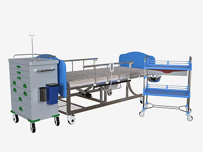 Modern Medical Hospital Bed With Storage Cart Wheels And Side Rails 3d model