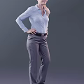 Confident Business Woman In Light Blue Shirt And Gray Pants Standing With Hands On Hips