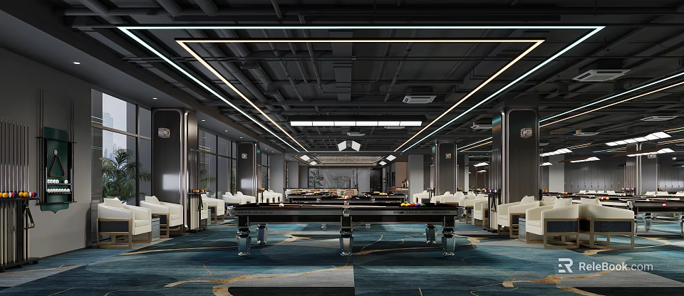 Modern Billiard Room Interior Design With Billiard Tables Contemporary Lighting And Comfortable Seating 3d model 