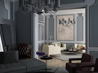 Elegant Grey Open Plan Living And Dining Room With Luxury Chandeliers And Comfortable Sofas 3d model