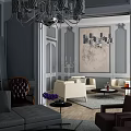 Elegant Grey Open Plan Living And Dining Room With Luxury Chandeliers And Comfortable Sofas