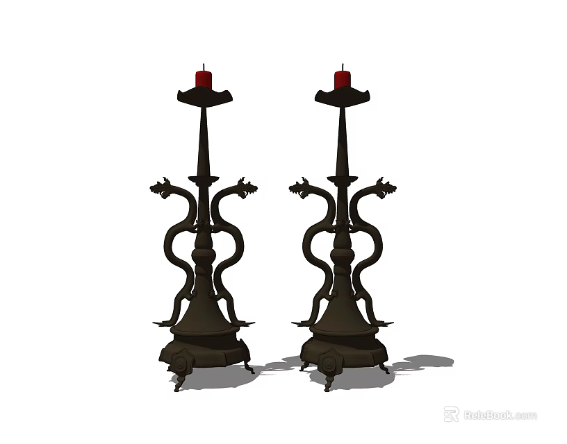Pair of Black Curved Candle Lamps With Red Candles For Home Decor 3d model 