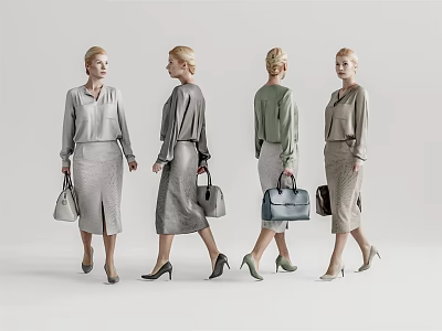 Women in Blouse and Skirt with Handbags and High Heels from Different Angles 3d model
