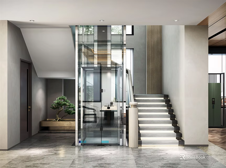 Modern Elevator Aisle Interior Design With Glass Elevator Staircase Marble Floor And Potted Plant 3d model 