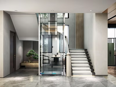 Modern Elevator Aisle Interior Design With Glass Elevator Staircase Marble Floor And Potted Plant 3d model