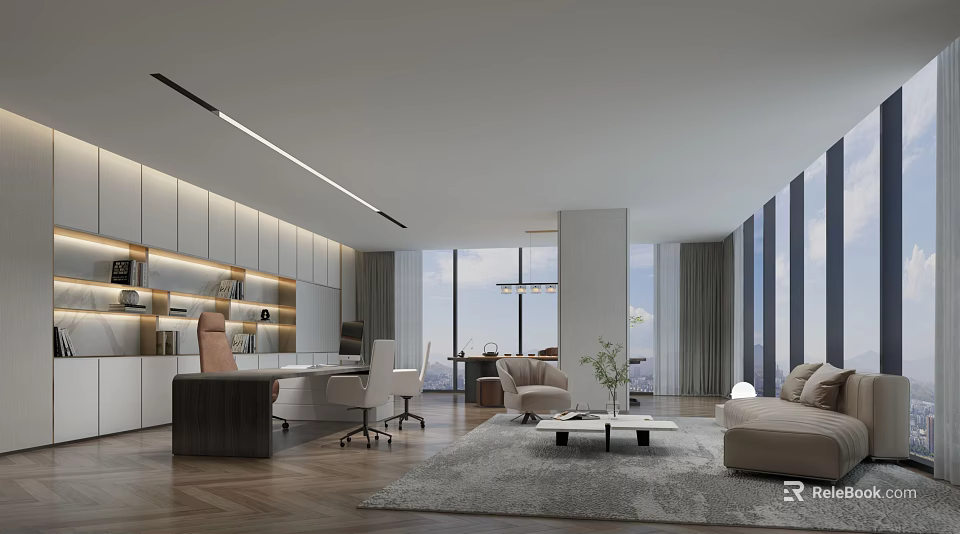 Modern Office Interior Design With Open Layout Ergonomic Desk Sofa And Large Windows 3d model