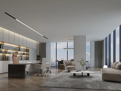 Modern Office Interior Design With Open Layout Ergonomic Desk Sofa And Large Windows 3d model