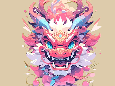 Vibrant Colorful Dragon Head Illustration With Blue Eyes And Ornate Mane 3d model