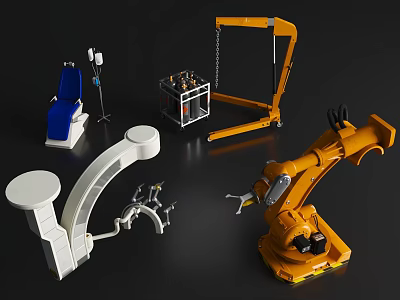 Various Industrial Equipment With Robotic Arm Yellow Crane Pipe Components And Tool Cabinet 3d model