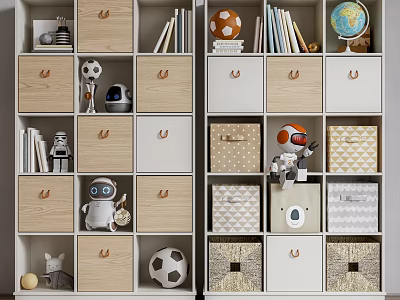 Stylish Wooden And White Bookcase With Storage Drawers Decorative Boxes Toys And Books 3d model