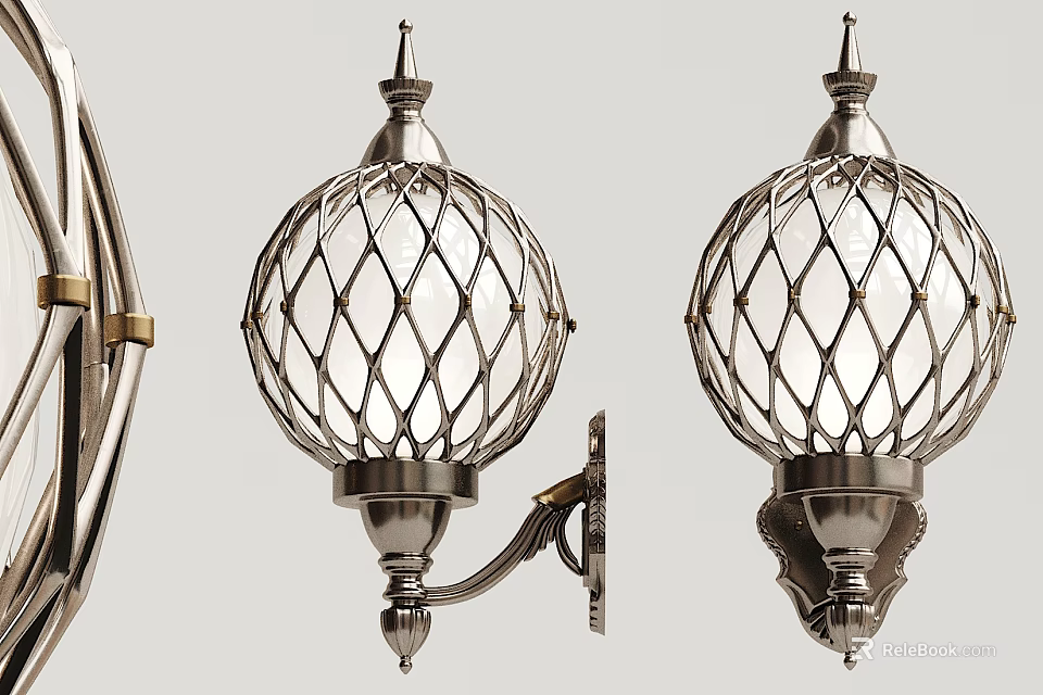 Classic Metal Wall Sconces With Lattice Mesh Shades And Ornate Finials 3d model 
