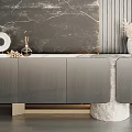 Modern Gray TV Stand With Marble Top And Decorative Vase On Textured Wall