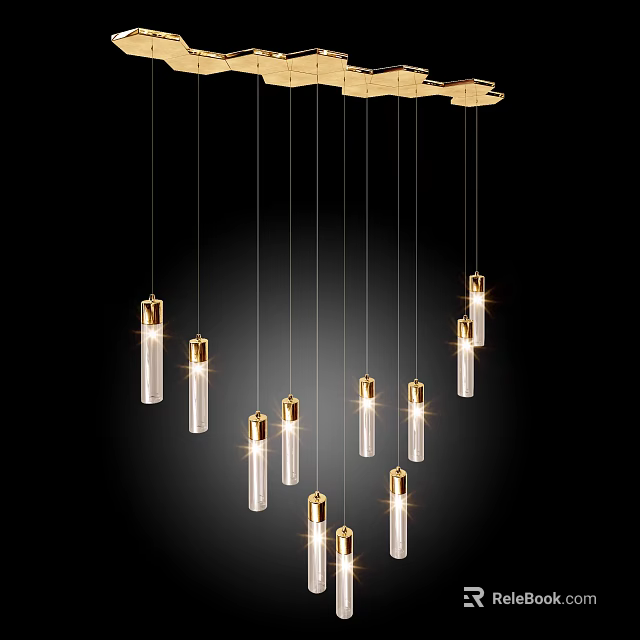 Elegant Modern Chandelier With Transparent Glass Tubes And Gold Decorative Elements 3d model 