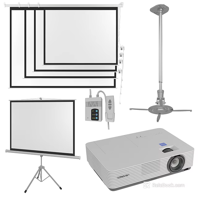 Projection Monitoring Equipment With Projector Projection Screen And Ceiling Mount Stand 3d model 
