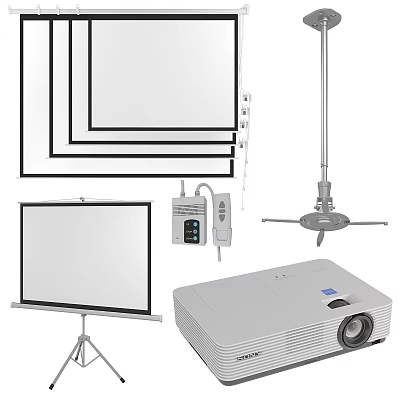 Projection Monitoring Equipment With Projector Projection Screen And Ceiling Mount Stand 3d model