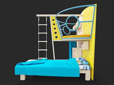 Vibrant Kids Bed With Blue Bedspread Yellow Frame Ladder And Storage Shelf 3d model