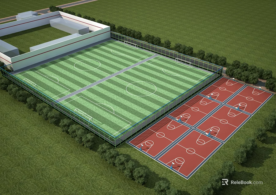 Football Field With Green Turf Adjacent Red Basketball Courts Surrounding Trees Fencing And Building 3d model 