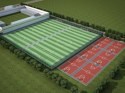 Football Field With Green Turf Adjacent Red Basketball Courts Surrounding Trees Fencing And Building 3d model
