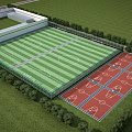 Football Field With Green Turf Adjacent Red Basketball Courts Surrounding Trees Fencing And Building