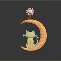Golden Moon Shaped Decorative Accessory With Cat Figure And Sun Pendant