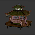Traditional Chinese Pavilion With Green Roof Wooden Structure And Hanging Lanterns On Platform