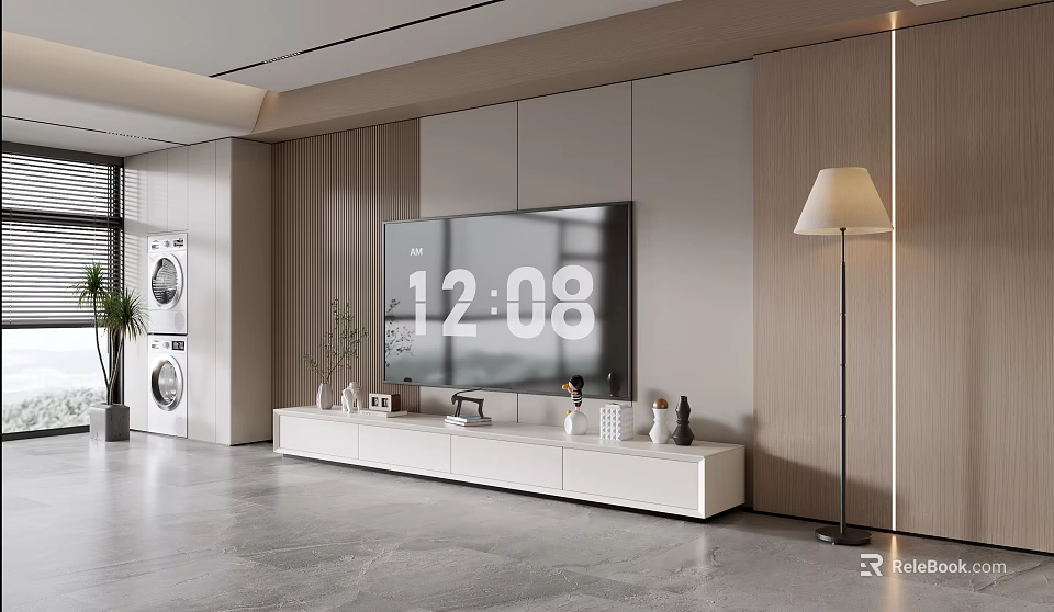 Modern White TV Stand With Wooden Panel Wall Ornaments And Floor Lamp In Living Room 3d model 