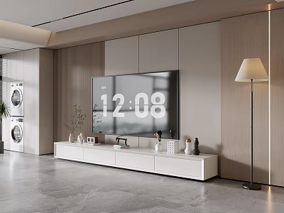 Modern White TV Stand With Wooden Panel Wall Ornaments And Floor Lamp In Living Room 3d model