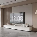 Modern White TV Stand With Wooden Panel Wall Ornaments And Floor Lamp In Living Room