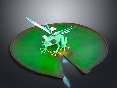 Mythical Winged Green Frog Sitting On Large Green Lily Pad With Iridescent Wings 3d model