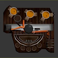 Cartoon Bar Scene With Wooden Counter Round Stools Barrels Chimney And Decorative Lights