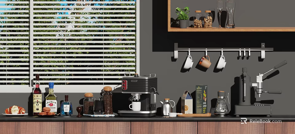 Modern Kitchen Counter With Coffee Machine Coffee Cups Spice Jars Plant And Window Blinds 3d model 