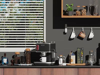 Modern Kitchen Counter With Coffee Machine Coffee Cups Spice Jars Plant And Window Blinds 3d model