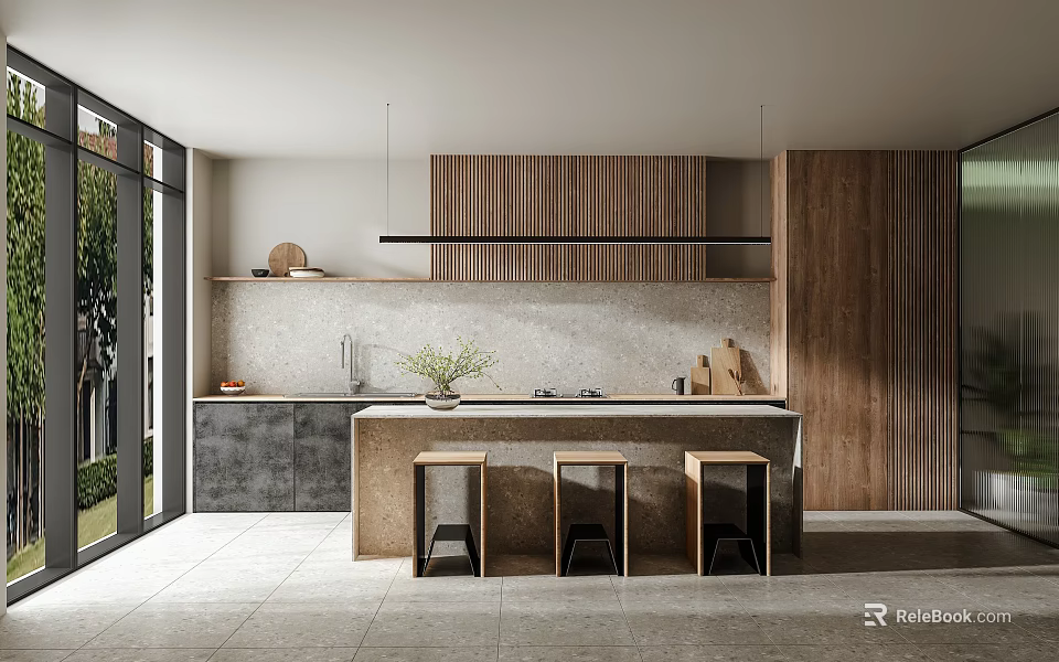 Modern Kitchen Interior With Wooden Cabinets Island Counter Stools Stone Backsplash And Hanging Light 3d model 