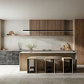 Modern Kitchen Interior With Wooden Cabinets Island Counter Stools Stone Backsplash And Hanging Light