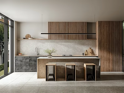 Modern Kitchen Interior With Wooden Cabinets Island Counter Stools Stone Backsplash And Hanging Light 3d model