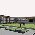 Modern Sales Center With Glass Curtain Wall Sloped Roof And Water Reflection