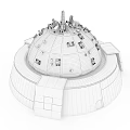 Futuristic Globe Model With Green Surface White Buildings And Blue Tech Rings
