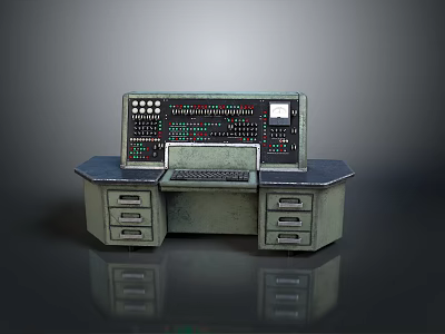Vintage Computer Control Console With Multiple Buttons Display Screen Keyboard And Drawers 3d model