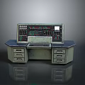 Vintage Computer Control Console With Multiple Buttons Display Screen Keyboard And Drawers