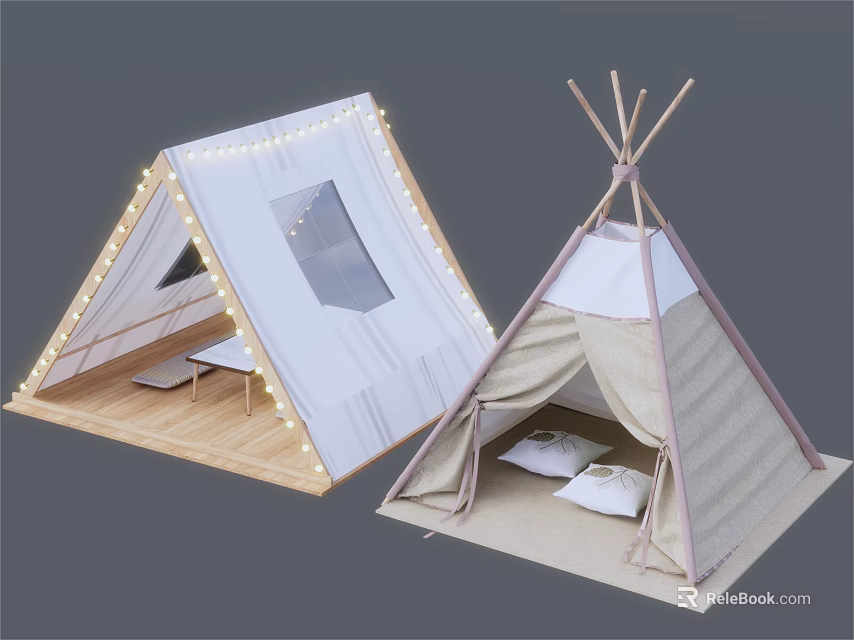 Garden Decorative Teepee Tents White Beige With String Lights Wooden Base And Cushions 3d model 