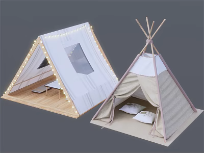 Garden Decorative Teepee Tents White Beige With String Lights Wooden Base And Cushions 3d model