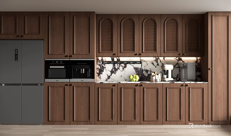 Modern Kitchen Interior With Brown Cabinets Appliances And Marble Backsplash 3d model